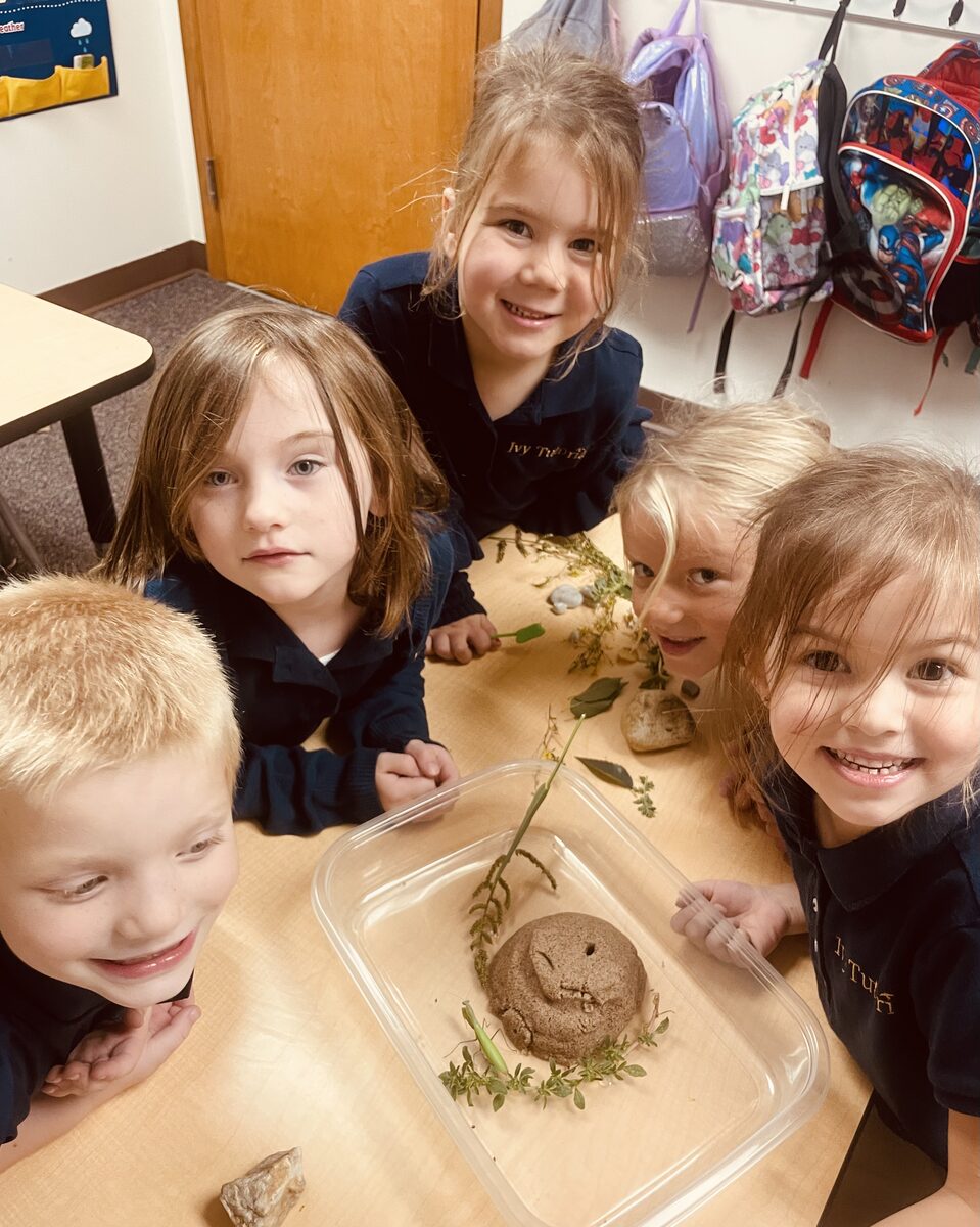 Young students gathered around a nature terrarium