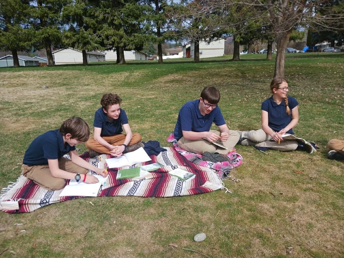 High school students studying outdoors on the grass