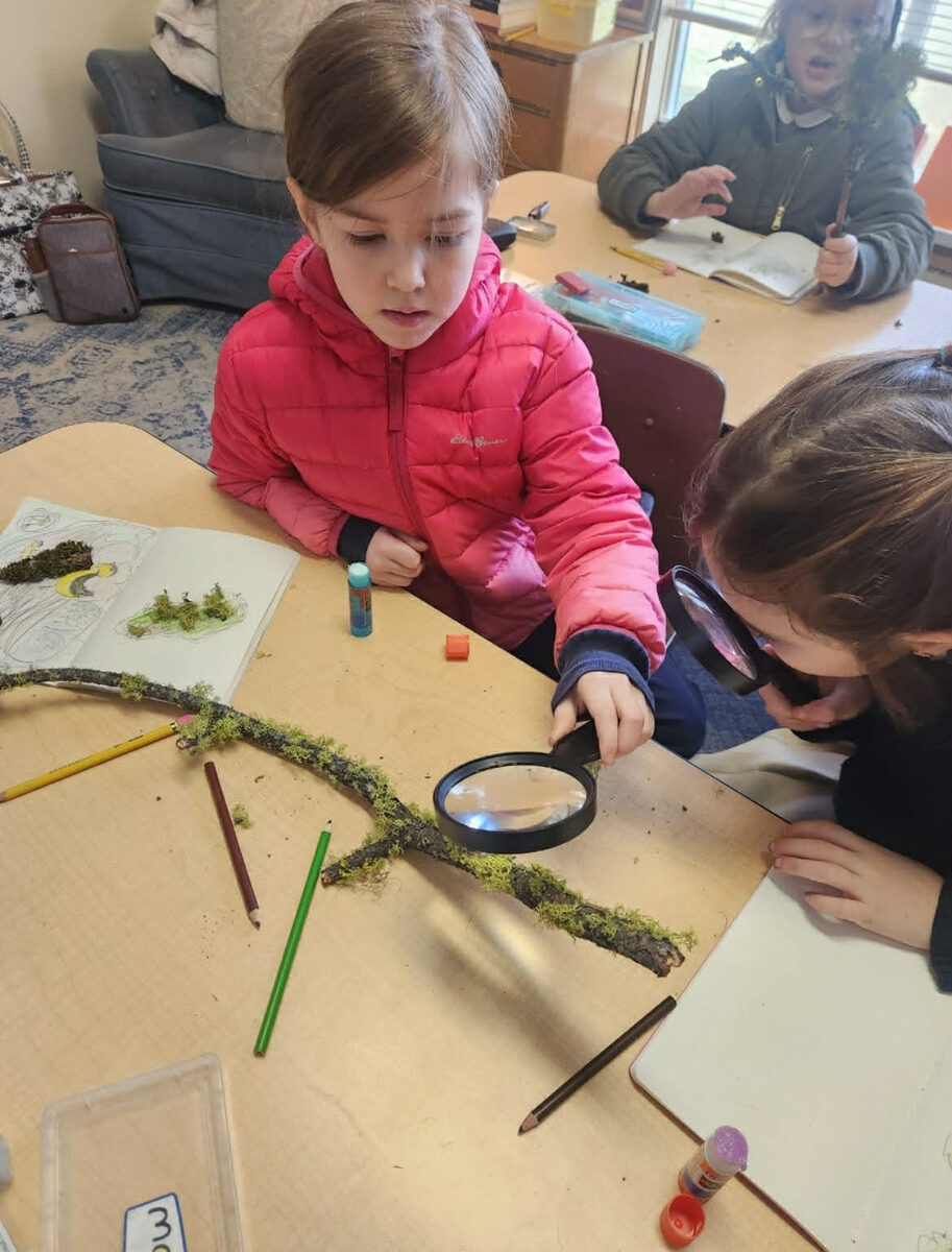 Student examining nature specimen with magnifying glass